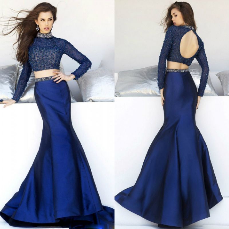 blue high neck long sleeve dress
