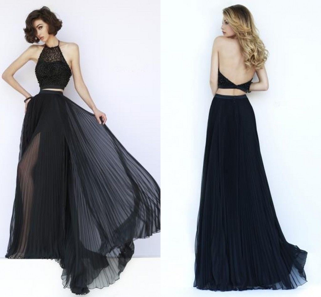 New 2015 Fashion Crop Top Black Two Piece Prom Dresses Melissa Chiffon