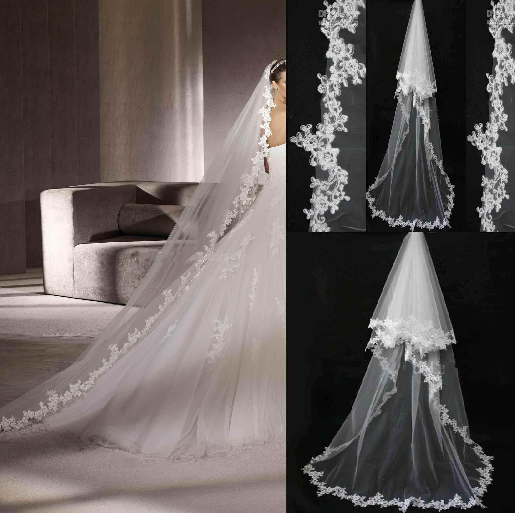 2015 Ivory/White Bridal Veils With Lace Flower Edge Chapel Length Long