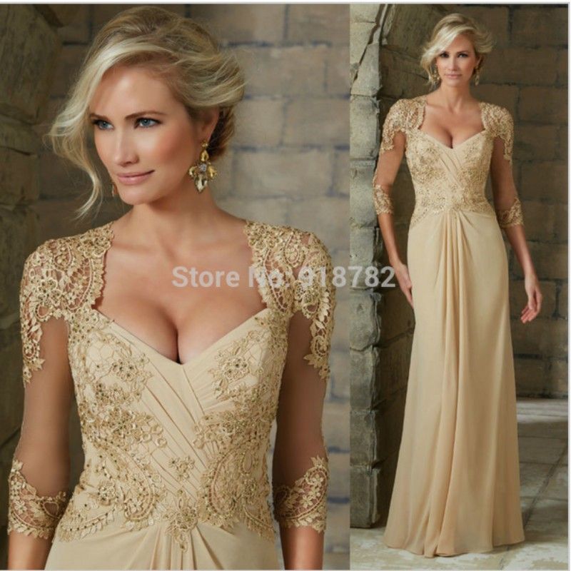 2016 Champagne Elegant Mother Of The Bride Dresses 3/4 Sleeve Beaded
