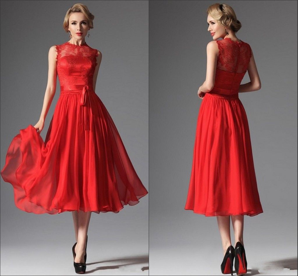 2015 New Red Tea Length Prom Dresses Lace Chiffon A Line Crew Neck