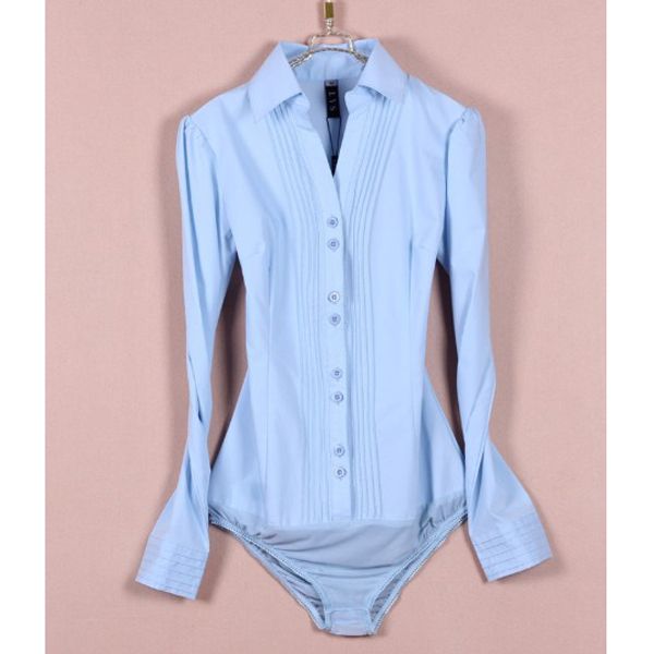 Vneck Pleated Lapel Bodysuit Blouse Long Sleeve Top OL Classic White