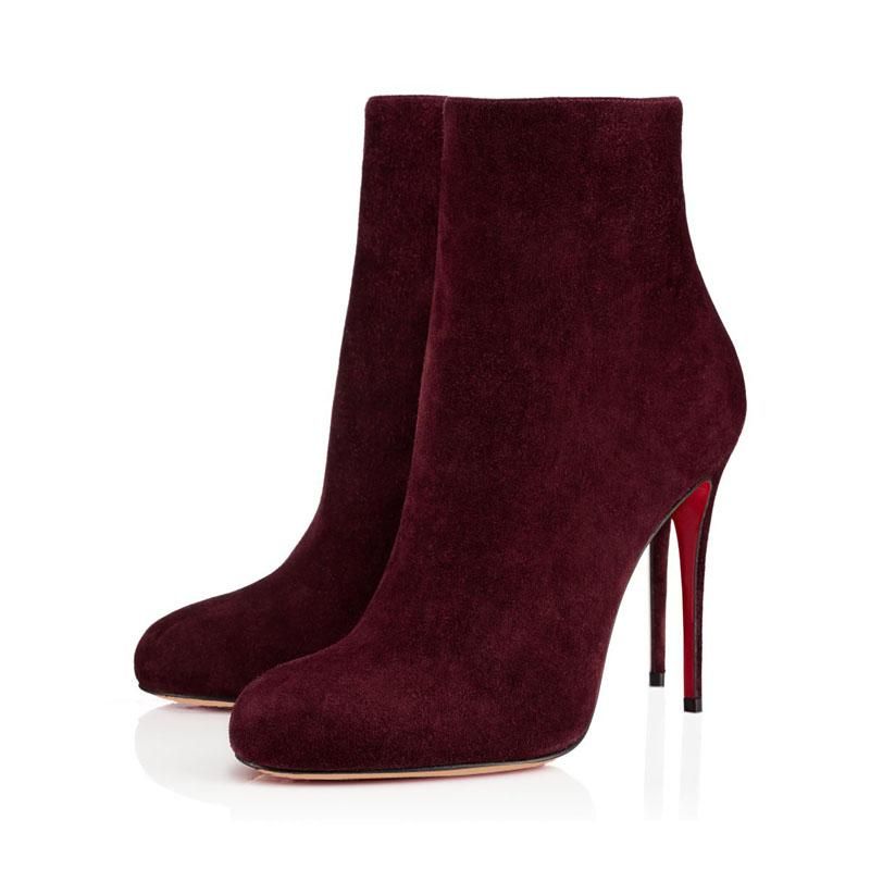Burgundy Ankle Boots Pointed Toes Women Deerskin OL Stilettos Heel Side