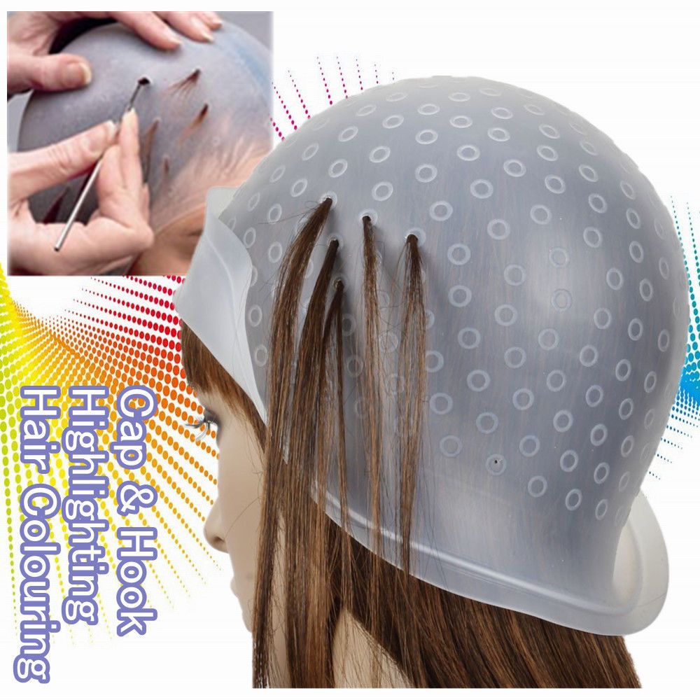 Professional Reusable Rubber Hair Colour Highlighting Cap & Metal Hook