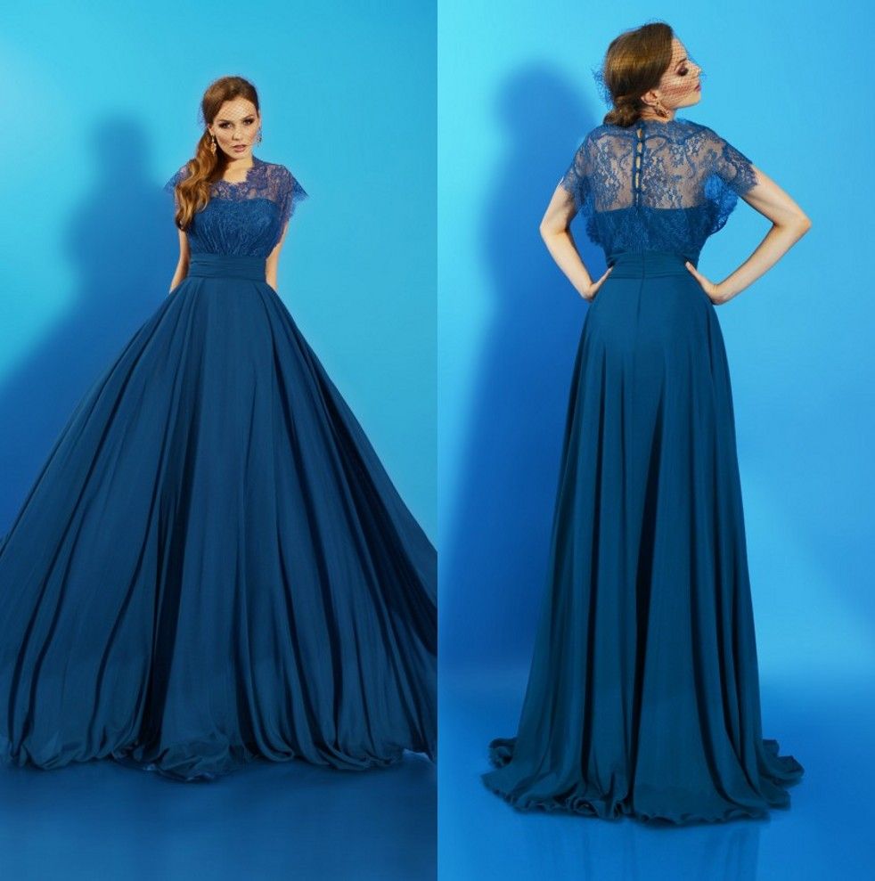 2016 Elegant Prom Dresses Dark Blue Lace Chiffon Sexy Back Evening