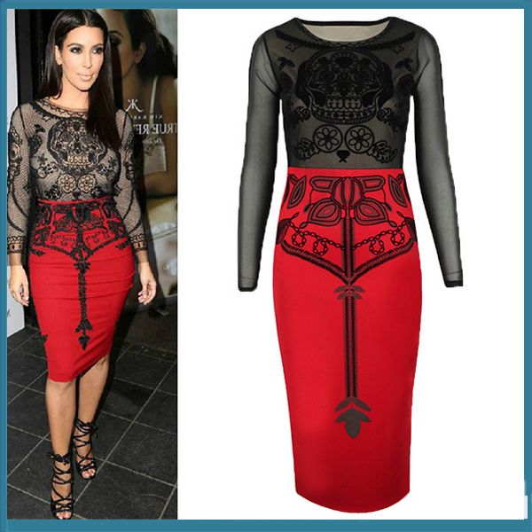 Famous Style Women Red Party Dress Long Sleeves Black Mesh ...