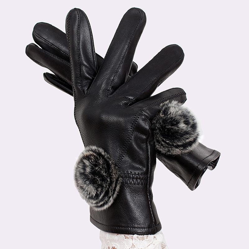 2017 Fashionable Black Pu Leather Gloves Fluffy Velvet Full Finger