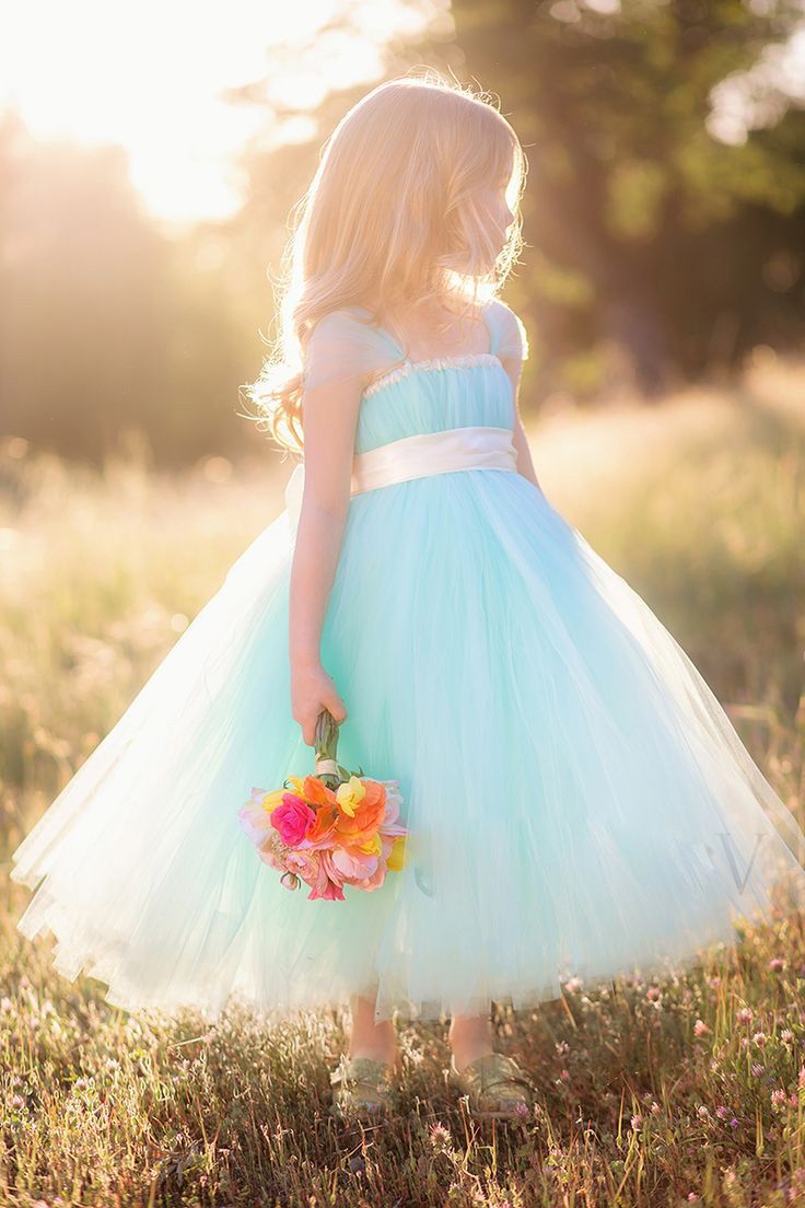 Mint Green Long Flower Girl'S Dresses Sapghetti Capped Zipper Empire Kids Draped Tulle Communion