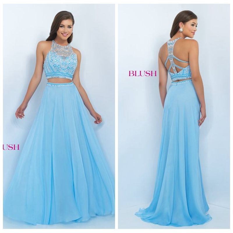 Light Blue Chiffon Two Piece Prom Dresses Long Floor Length Cheap Semi
