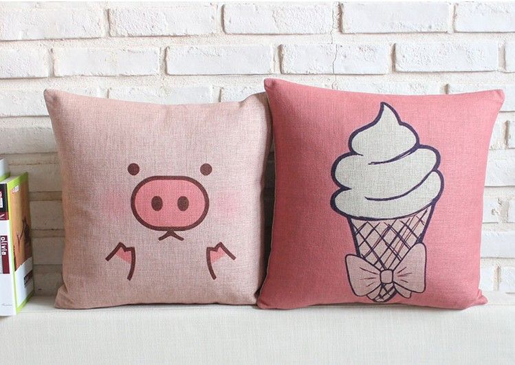 Pink cute pig and ice cream home decor cushion linen cotton pillow ...