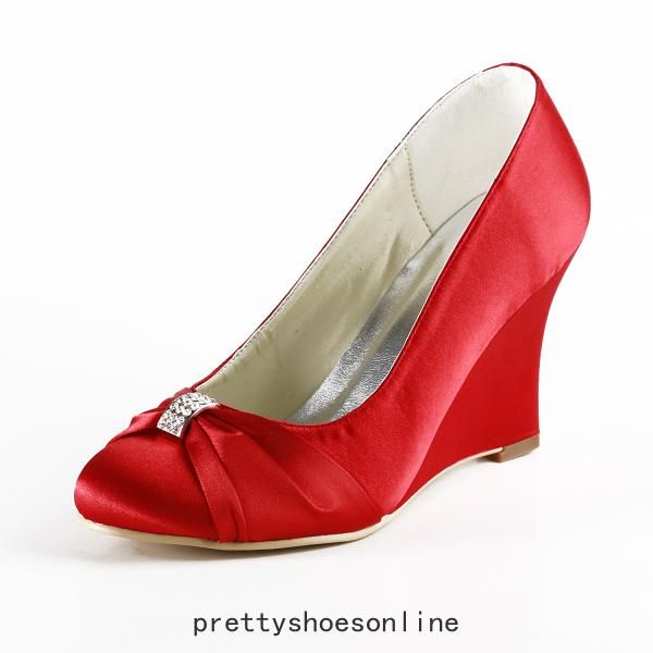 Red Wedding Wedge Heel Shoes Satin Bow Rhinestone Women Shoes For Bride