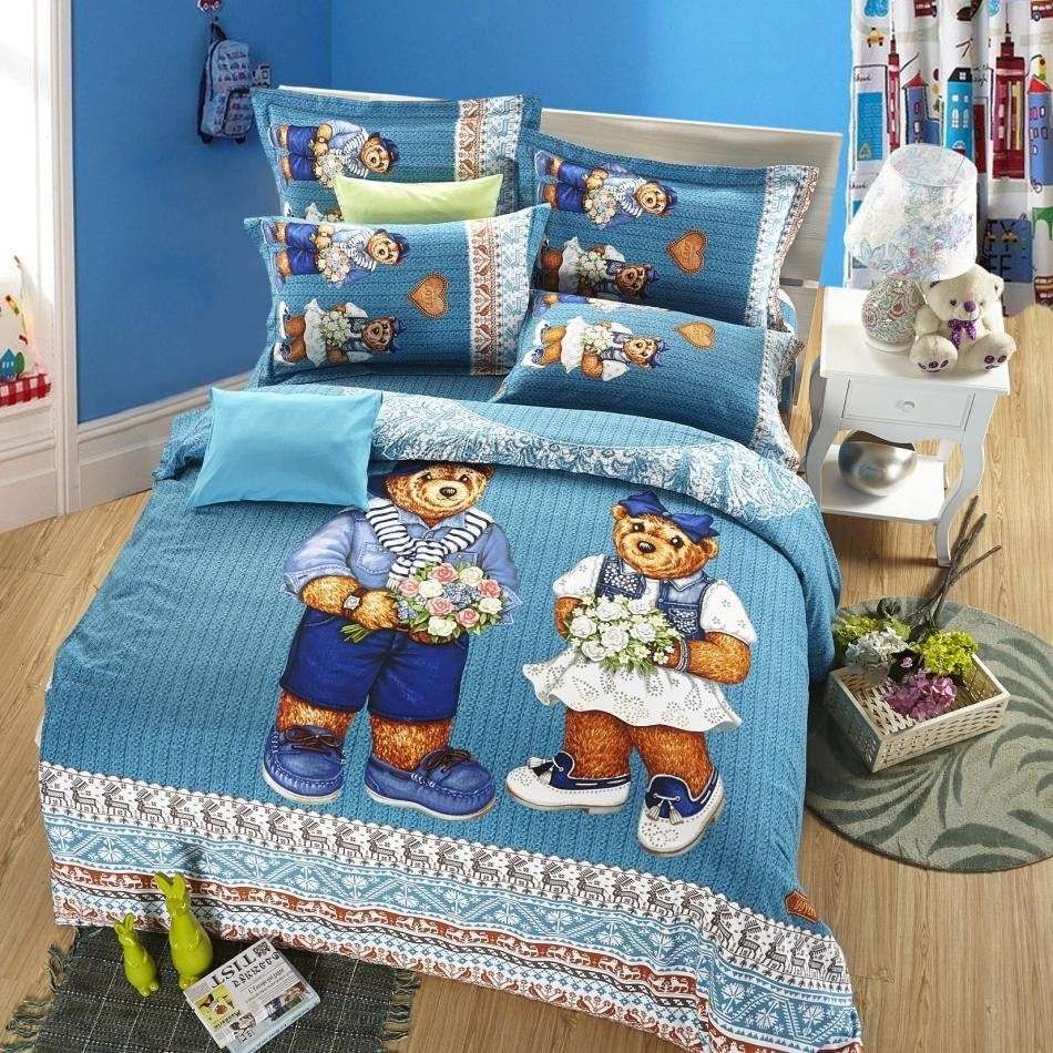 Cute Teddy Bear Kids Cartoon Bedding Set Queen Size Children Bed Sheets
