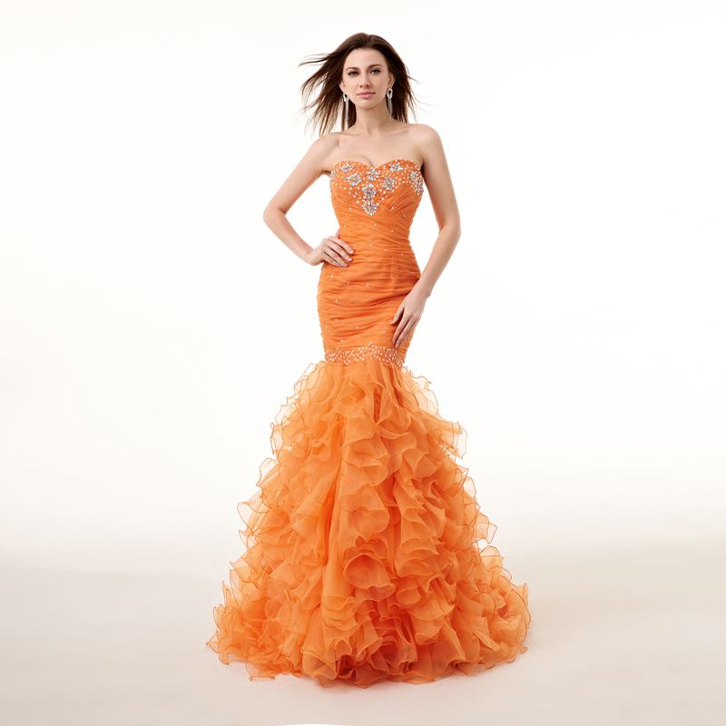 2015 Orange Mermaid Prom Dresses Sweetheart Sleeveless Draped Crystal Sequins Back Lace Up Real
