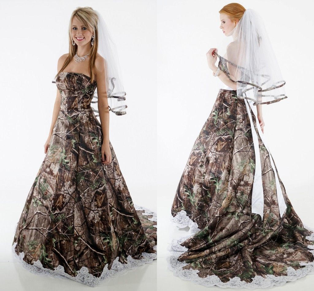 Elegant Camo Wedding Dresses Strapless Appliques Fluffy Ball Gown