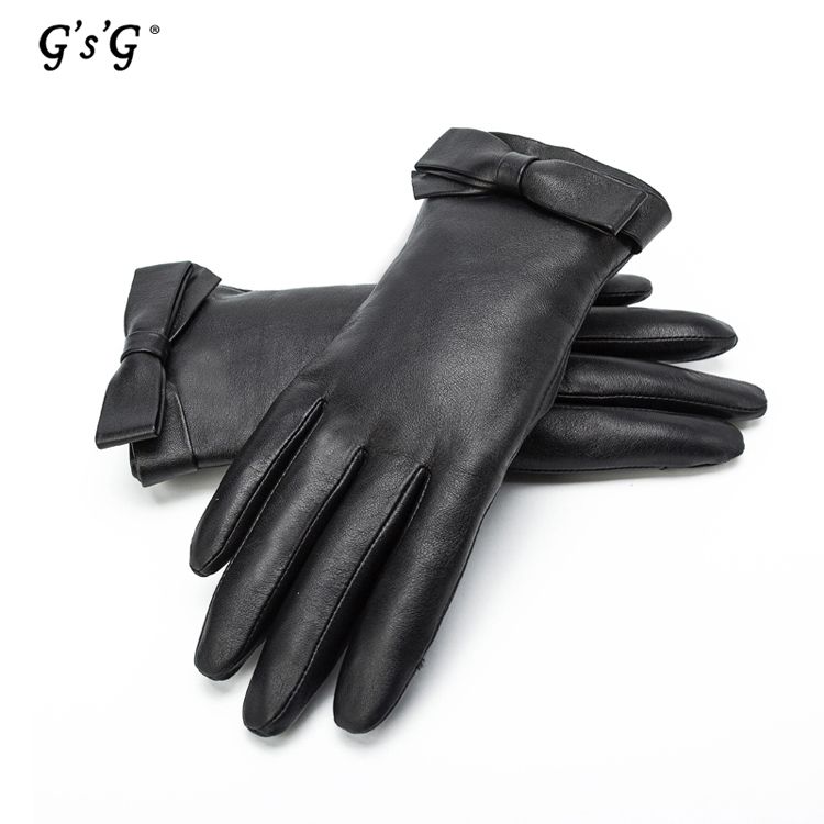 2017 Cute Girls Black Leather Glove With Bow Tie Women'S Elegant Black