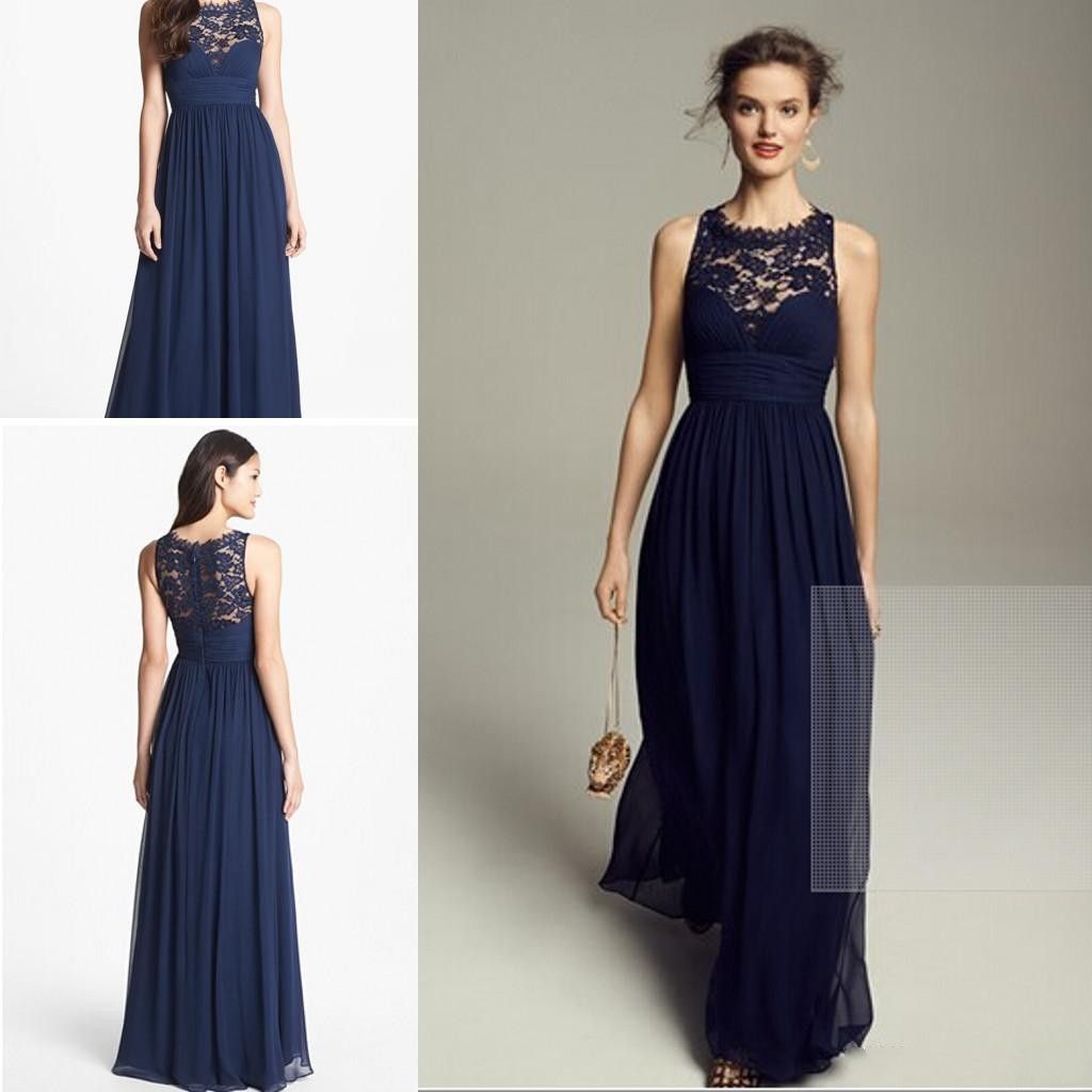 Dark Navy Blue Bridesmaid Dresses 2017 Cheap Long Chiffon Lace Jewe Neckline A Line Maid Of