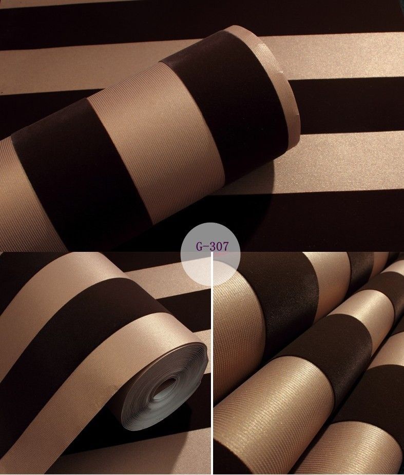 Modern Stripe Velvet Flocked Wallpaper Roll Background Dark Gold Brown