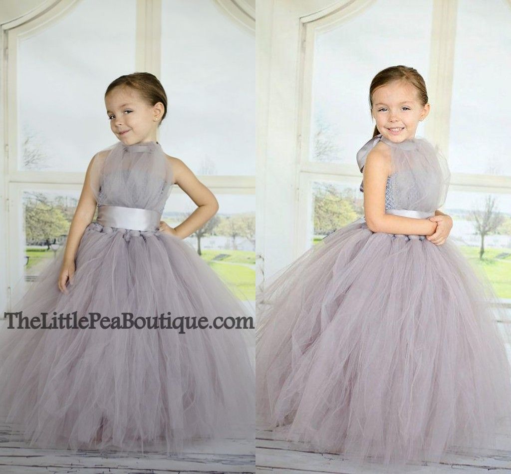 2015 Cheap Ball Gown Flower Girl Dresses for Wedding Gray Tulle Puffy