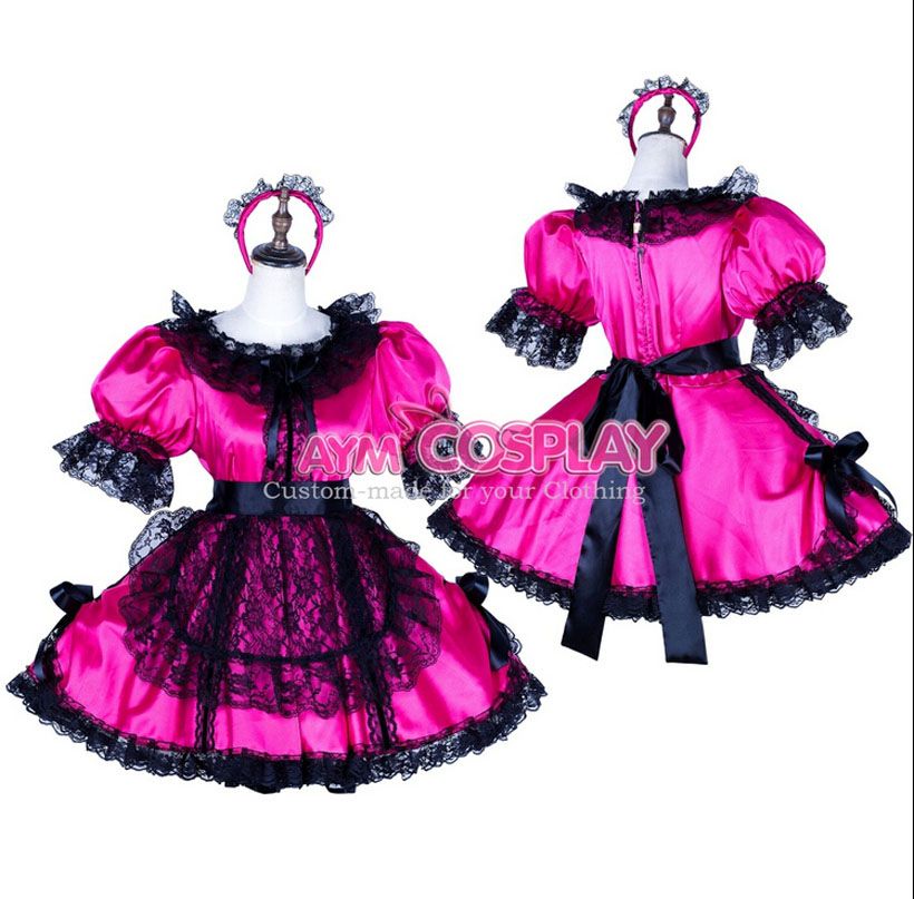 New Arrival Custom Made Locking Satin Sissy Maid Dress Uniform New Arrival Custom Made Locking Satin Sissy Maid Dress Uniform Cosplay Costume Rose Red Halloween Party Event - New Arrival Custom Made Locking Satin Sissy Maid Dress Uniform