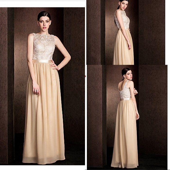 Lace Top Long Style Bridesmaid Dress A Line Bateau Floor Length