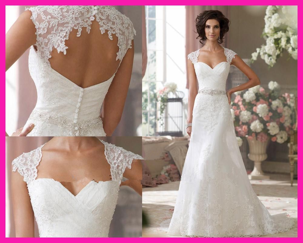 2015 Real Modest Sweetheart Lace Cap Sleeves Rhinestones Sash Open Back