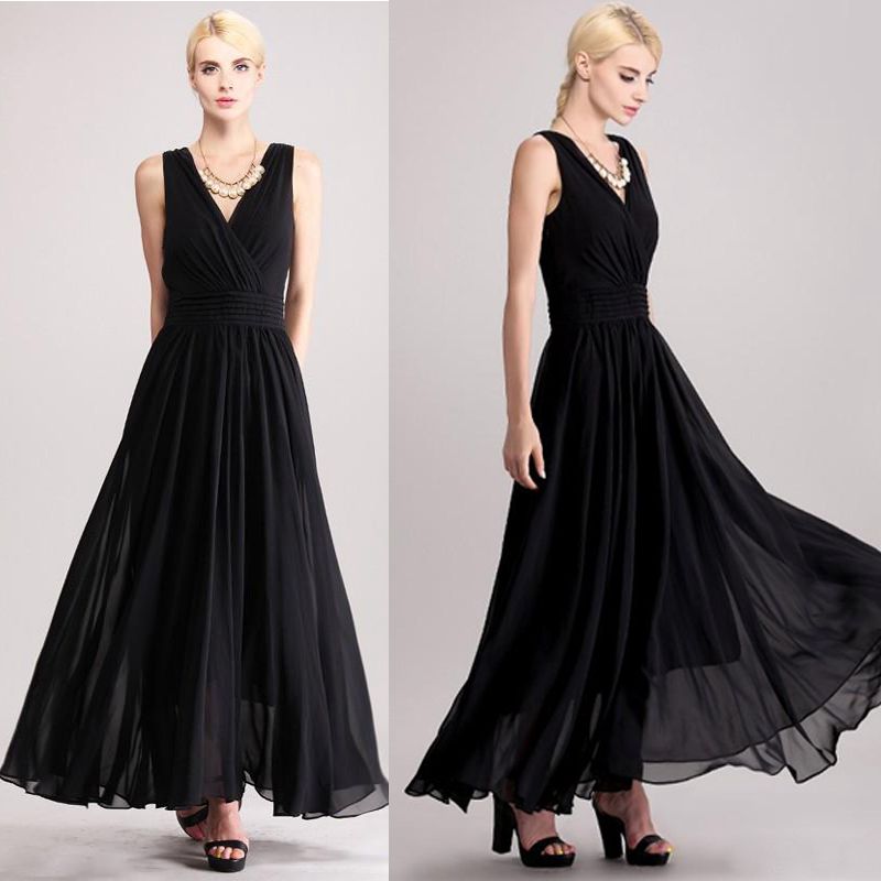 2015 Elegant Tea Length Evening Dresses Black Chiffon V Neck Formal