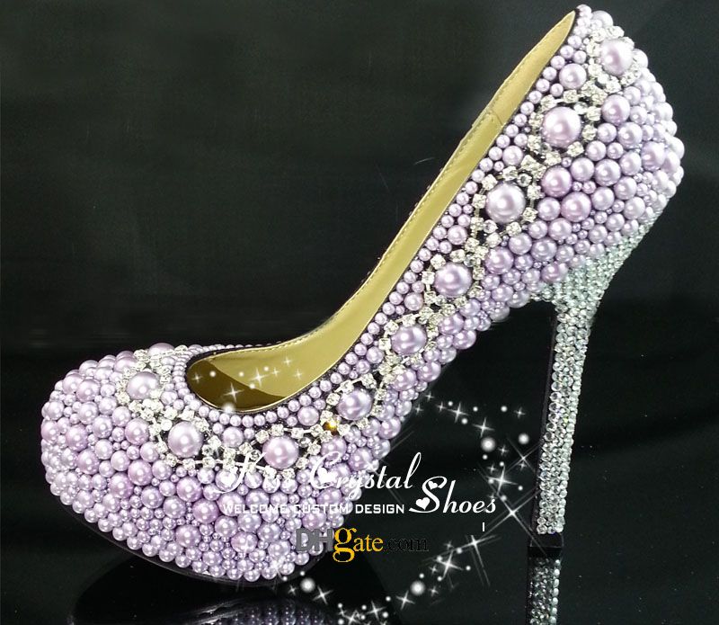 Women High Heels Purple Wedding Shoes with Pearls And Silver ...