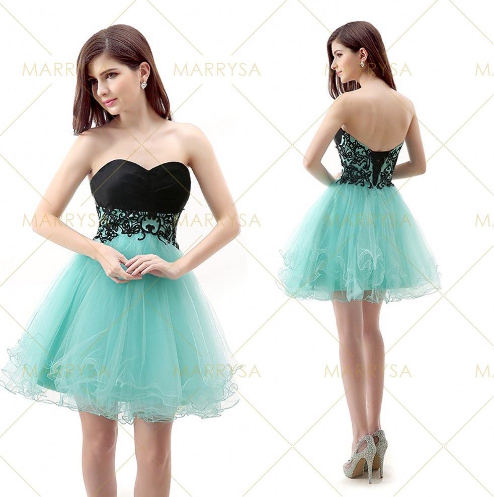In Stock 2015 Dresses Short Tulle Black Blue Bandage Prom