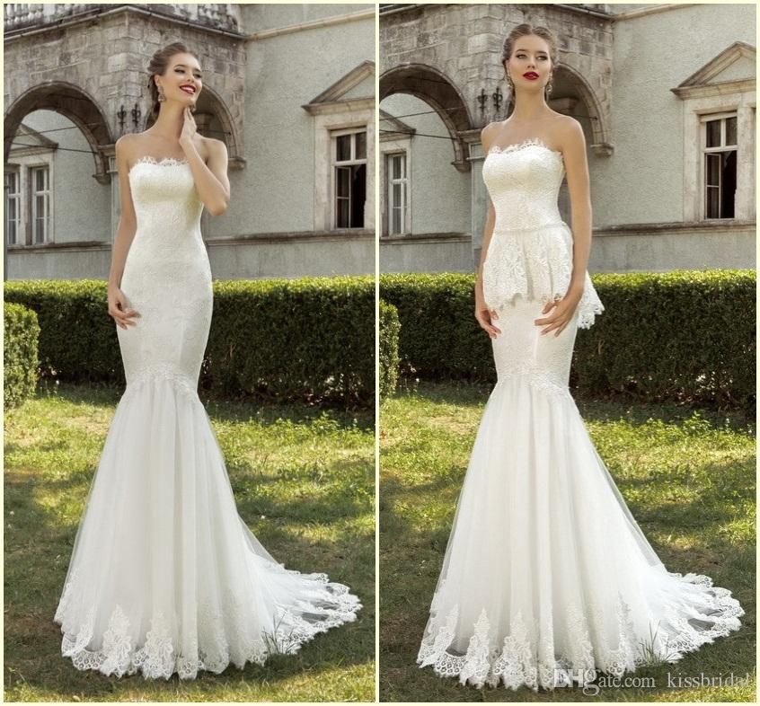 2015 New Strapless Mermaid Wedding Dresses With Removable Peplum Lace Overlay Tulle Court Train