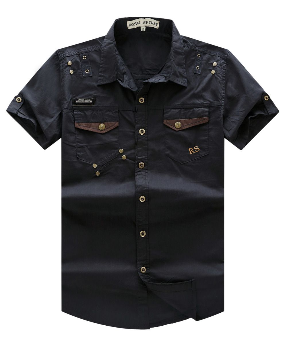 Men's Casual Solid Short Sleeve Cargo Shirts Outdoor Military Hiking