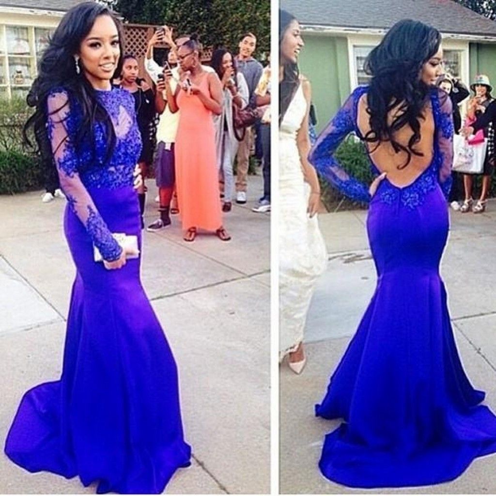 Wedding Table Prom Dresses 2015 Mermaid 2015 mermaid royal blue applique prom dresses with long sleeve sweep train vintage lace sheer high