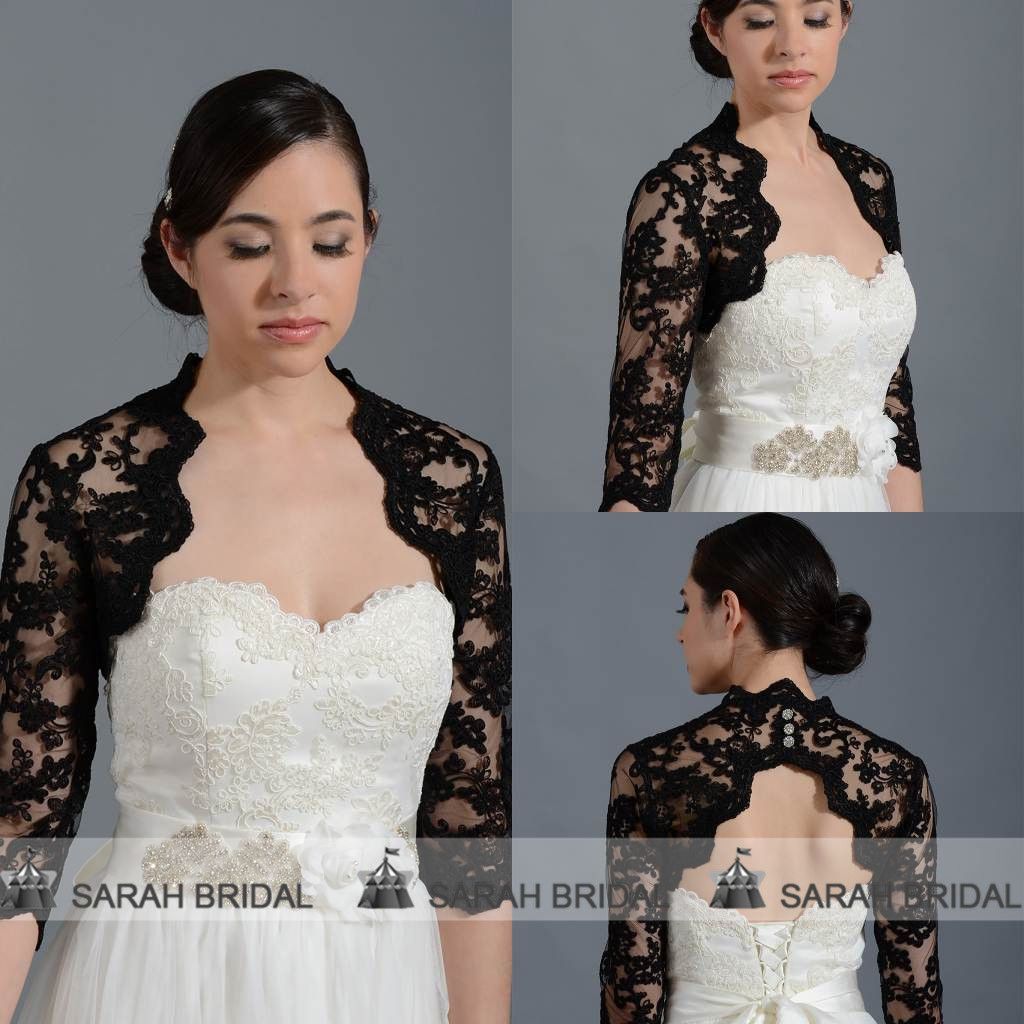 2017 Black Lace Bridal Jackets 3/4 Long Sleeves Front Open Wedding