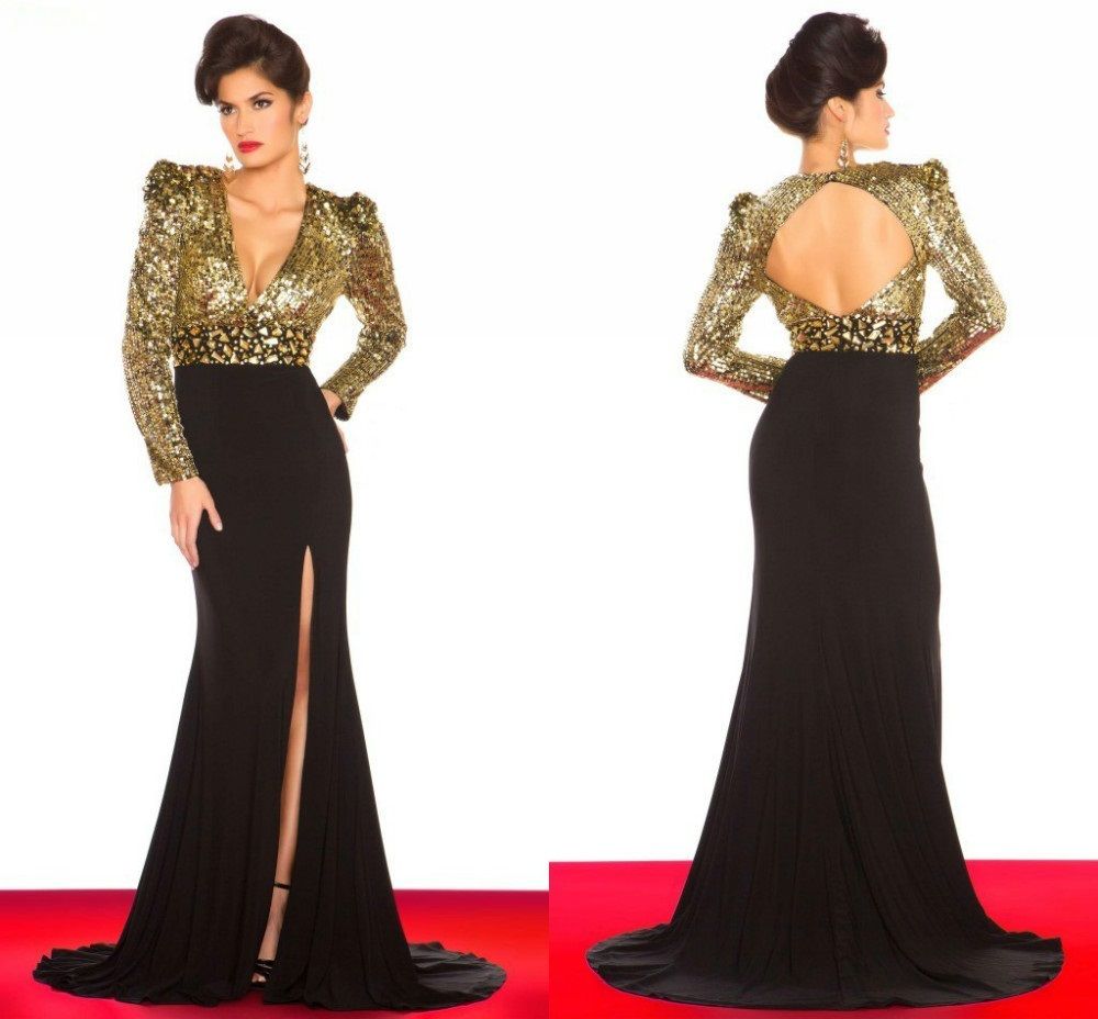 New Arrival Zuhair Murad Evening Dresses Cut Long Sleeve Open Back Gold