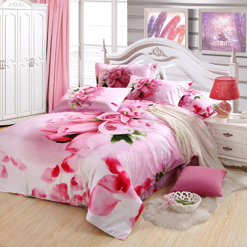 Girls Romantic Pink Rose Cotton Bedding Bed Clothes Queen King With