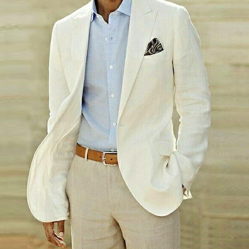 Summer Beach Linen Suits Ivory Men Wedding Suits Casual Notched Lapel
