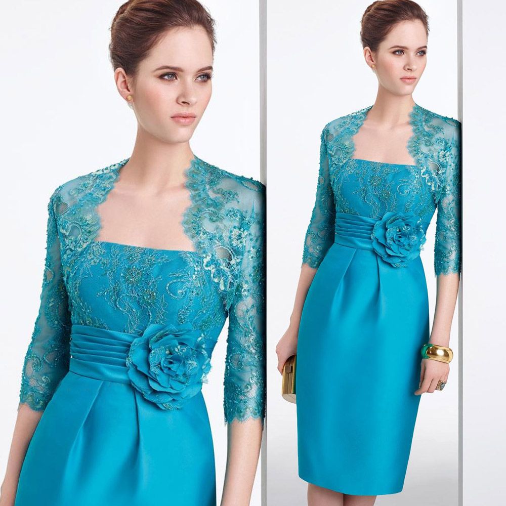 Turquoise Modest Lace Short Mother Of The Dresses Gown With Jacket Pant Suits 2015 Flowers Knee