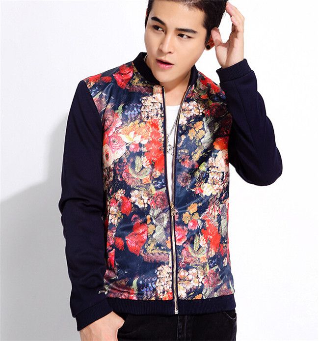 2015 Spring Men`s Floral Varsity Jacket Flower Printed Stand Collar
