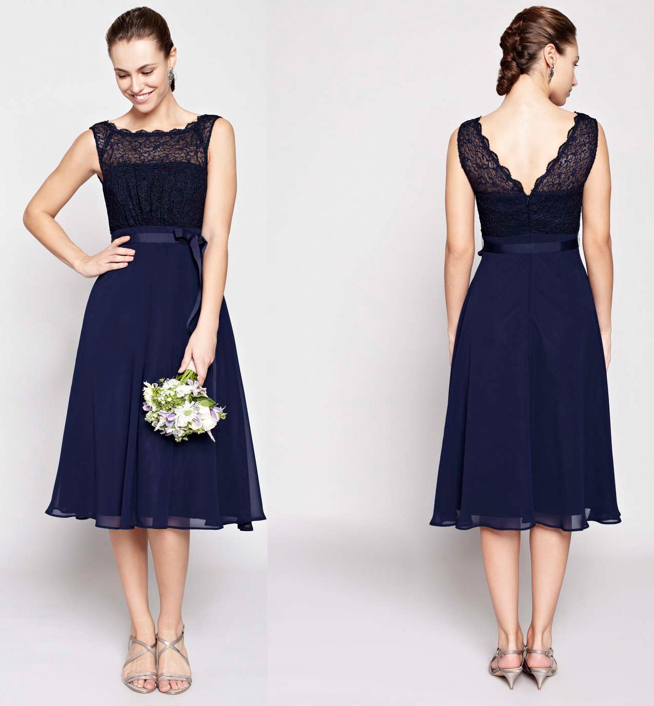 A Line Tea Length Bridesmaid Dresses Chiffon Scoop Sleeveless Hot Sale