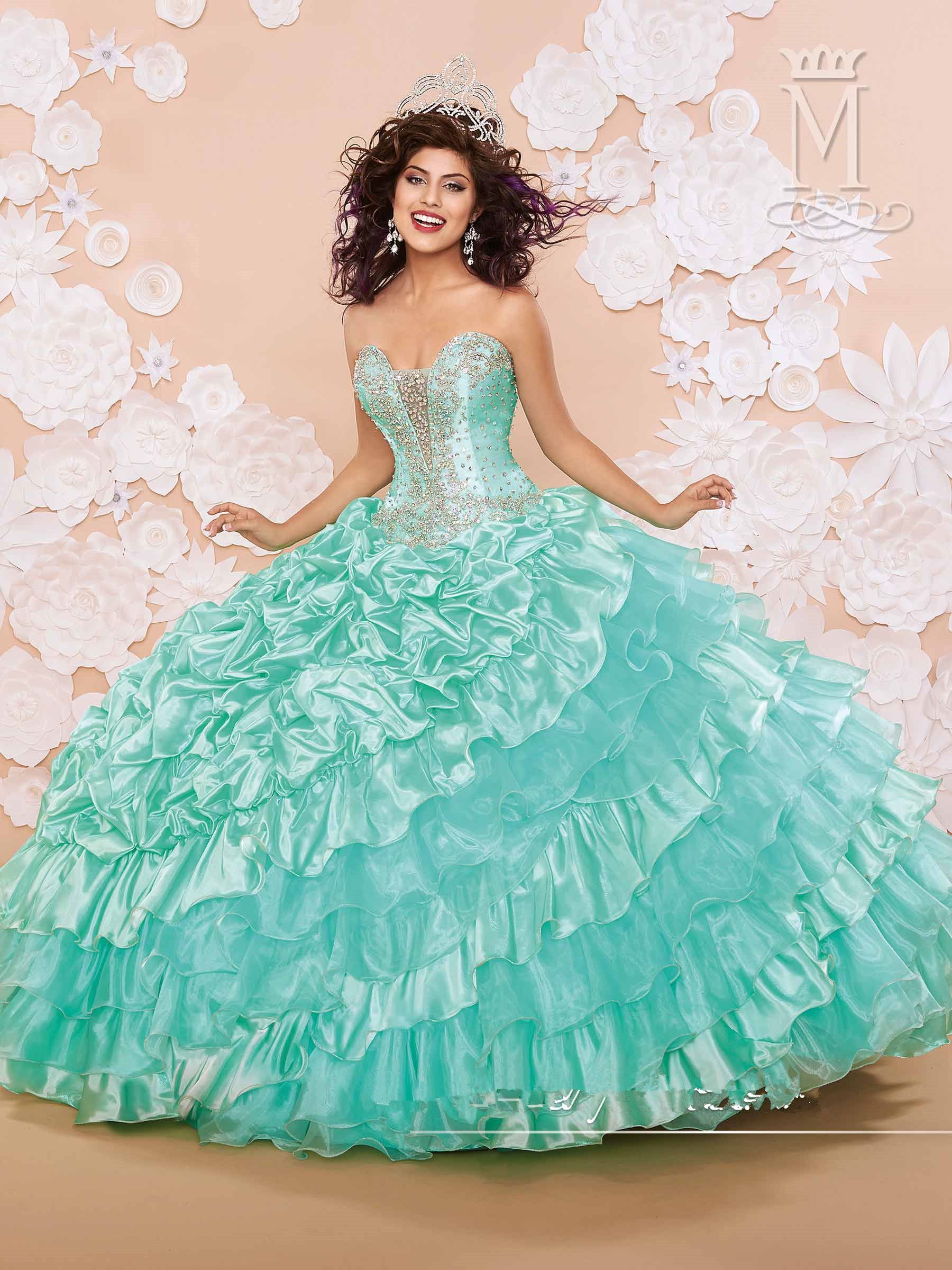 New Stylish 2015 Vestido De Aqua Peach Quinceanera Dresses Ruffled Organza Beads 15 Years
