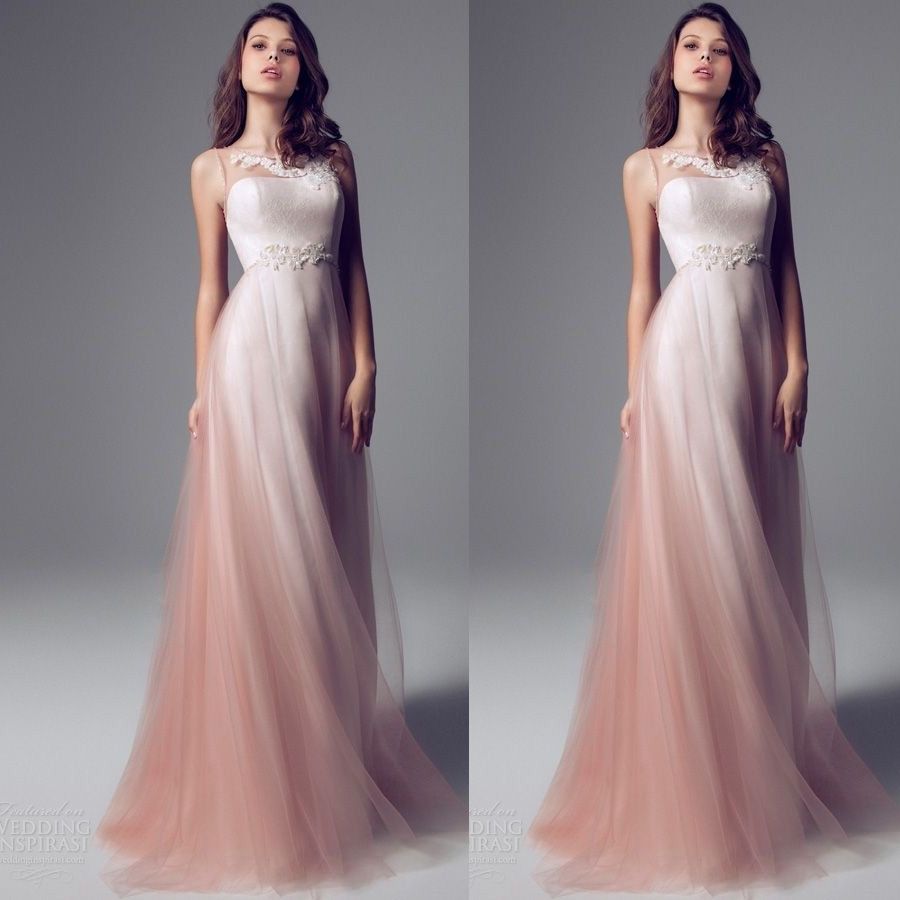 Sheer Neck Strapless Pink Ombre Sheath Prom Dresses Long Floor Length