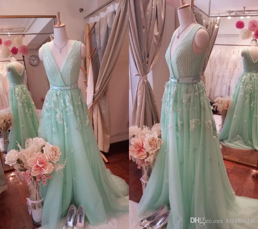 2015 Mint Green Prom Dresses Deep V Neck Sleeveless Beaded Bow Satin