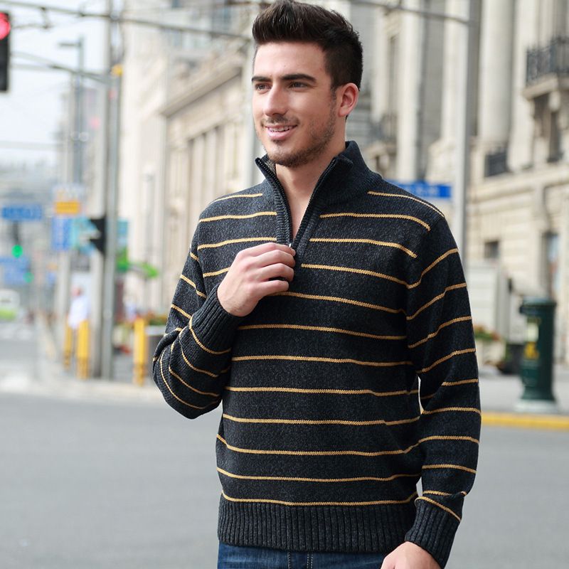 Fashion Men Sweaters 3 Colors Stand Collar Pullover Zipped Long Sleeve