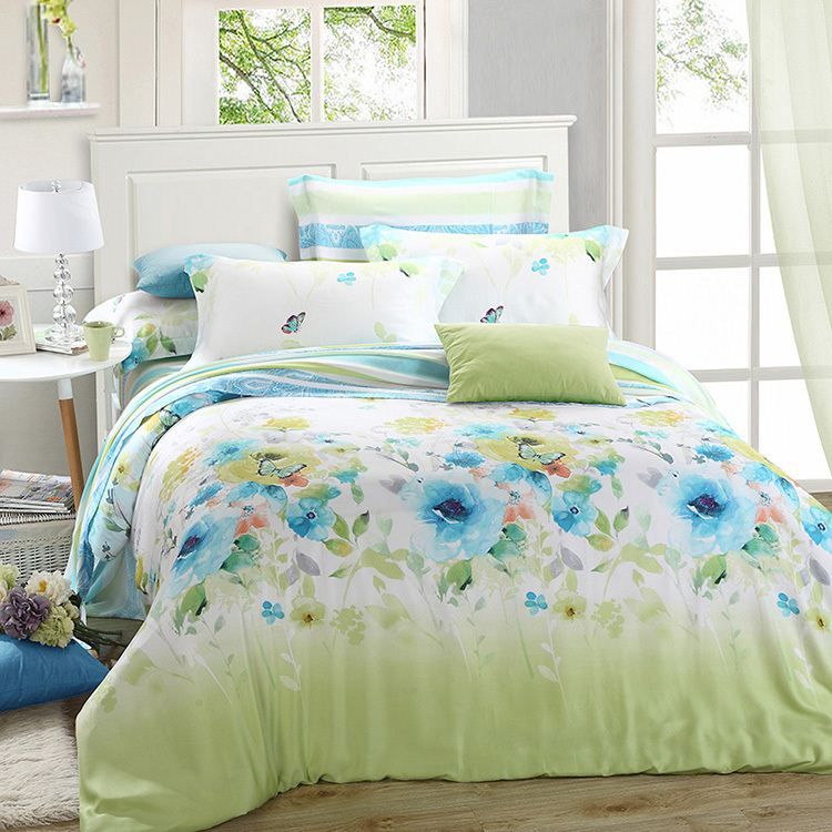 Luxury Green Blue Floral Bedding Set Queen King Size Silk Sheet Quilt