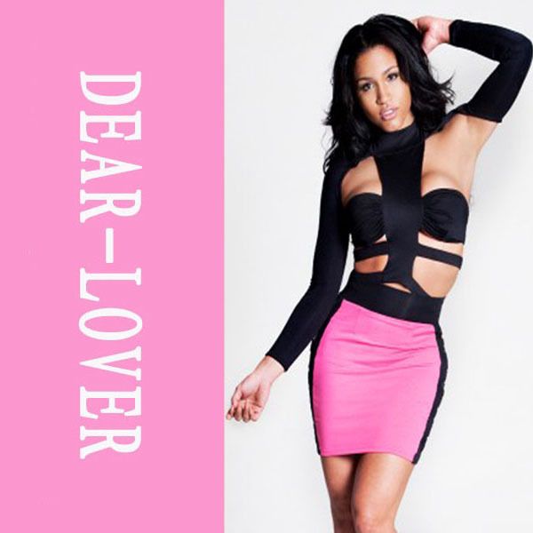 Long Sleeve Bold Cutout Backless Club Mini Bodycon Dress With Two