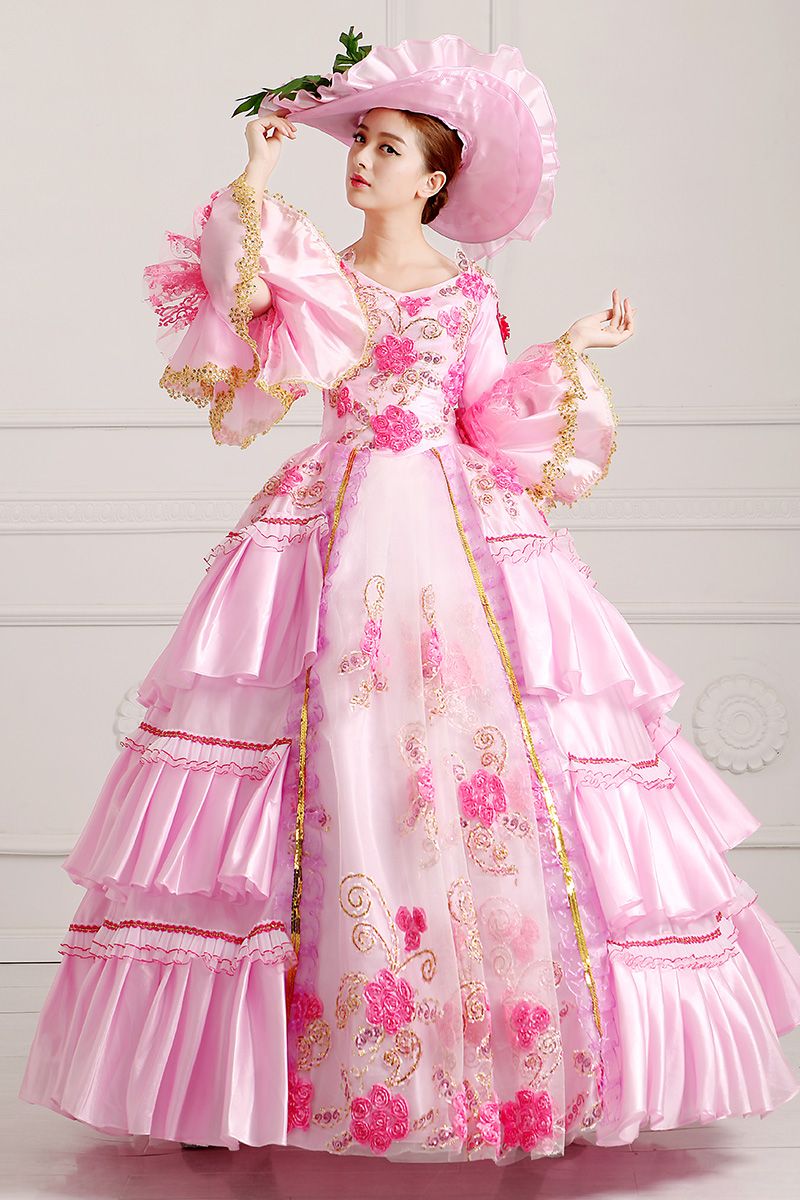 100 Real Pink Flowers Applique Ruffled Ball Gown Medieval Dress with Hat Renaissance Gown Queen