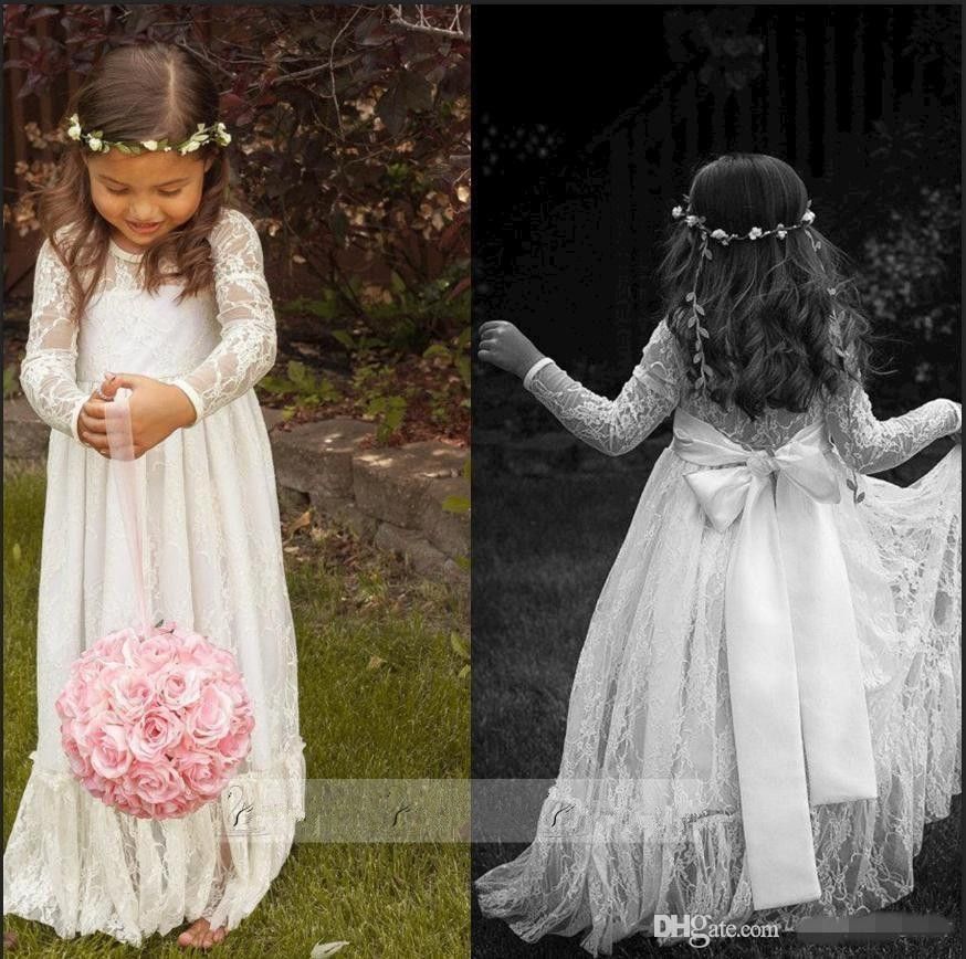 2015 Cheap Long Sleeve Lace Flower Girl Dresses Jewel White A Line