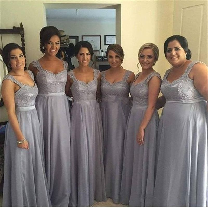 2016 Silver Grey Chiffon Bridesmaids Dresses A Line Plus Size Lace Top