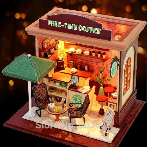 Scale Model Building Toy DIY Free Time Coffee Shop With LED Lamps