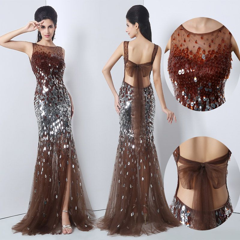 Luxury Brown Sequins Evening Gowns Sheer Neck Major Beading Sexy Back
