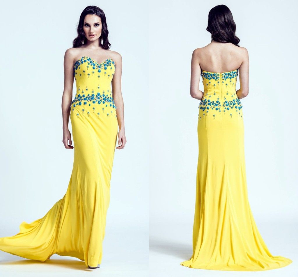 Turquoise Sweetheart Prom Dresses 2015 Yellow Elastic Satin Mermaid